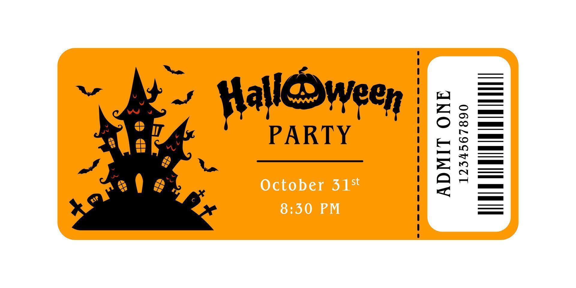 Halloween party ticket. template for admission pass or invitation. Coupon with ghosts castle and bats vector