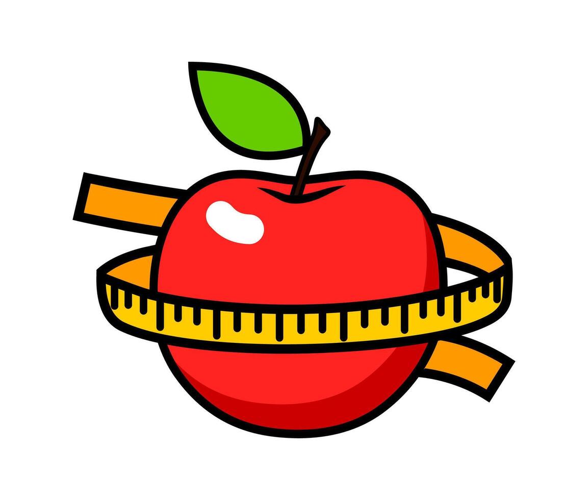 Red apple and measuring tape. Slim figure concept. Fitness and diet icon vector