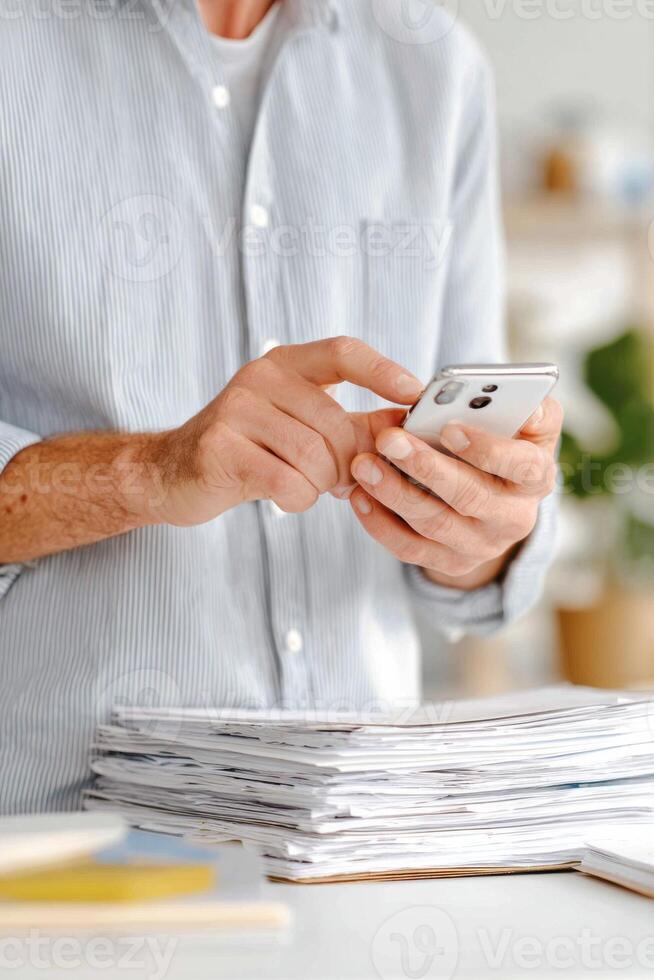 Individual in a striped shirt is using a smartphone while standing beside a stack of documents on a desk, showcasing modern communication in a professional environment photo