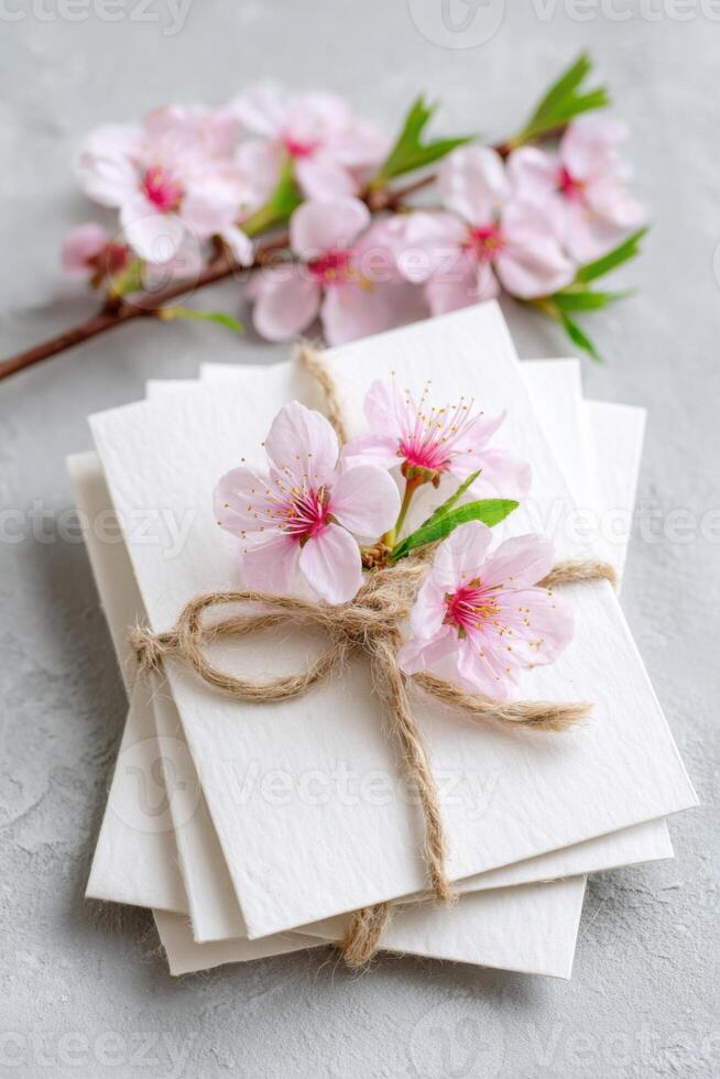 Delicate pink cherry blossoms are beautifully arranged on a stack of blank greeting cards tied with twine, creating a charming and inviting floral composition for various occasions photo
