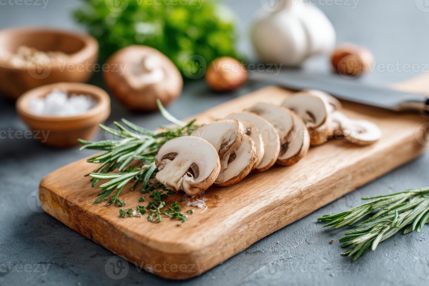 Freshly sliced mushrooms arranged on a wooden cutting board with herbs and garlic in the background, showcasing culinary preparation and vibrant kitchen atmosphere photo