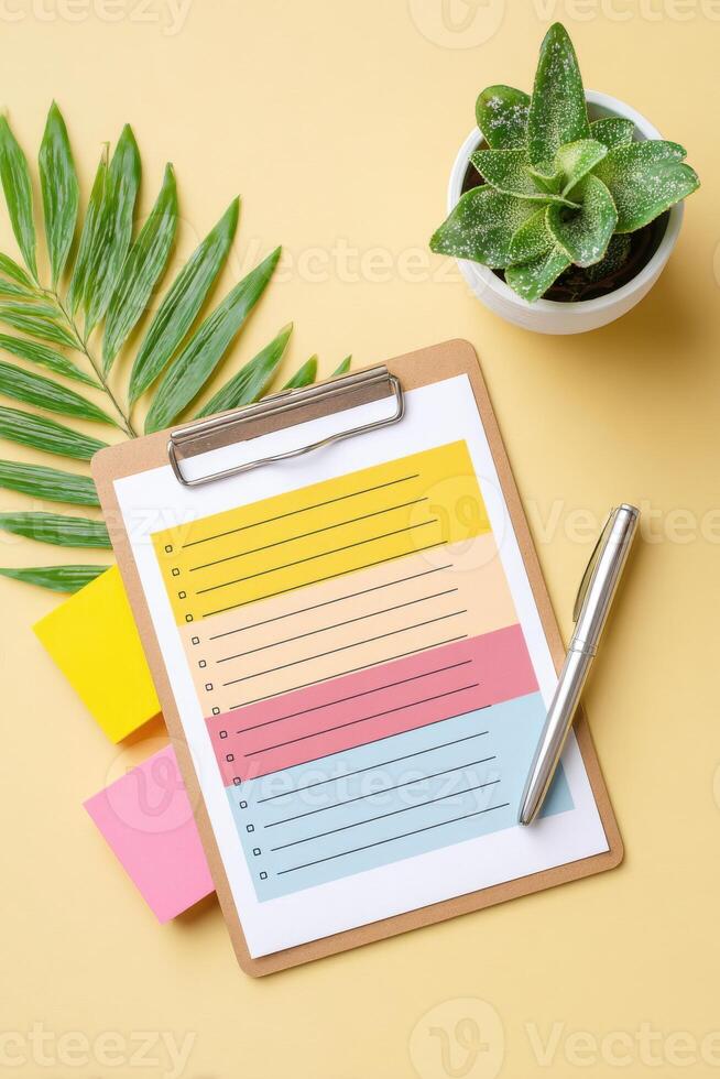 Colorful clipboard with checklist paper, sticky notes in vibrant colors, and a small potted plant on a yellow background, creating an organized workspace atmosphere photo