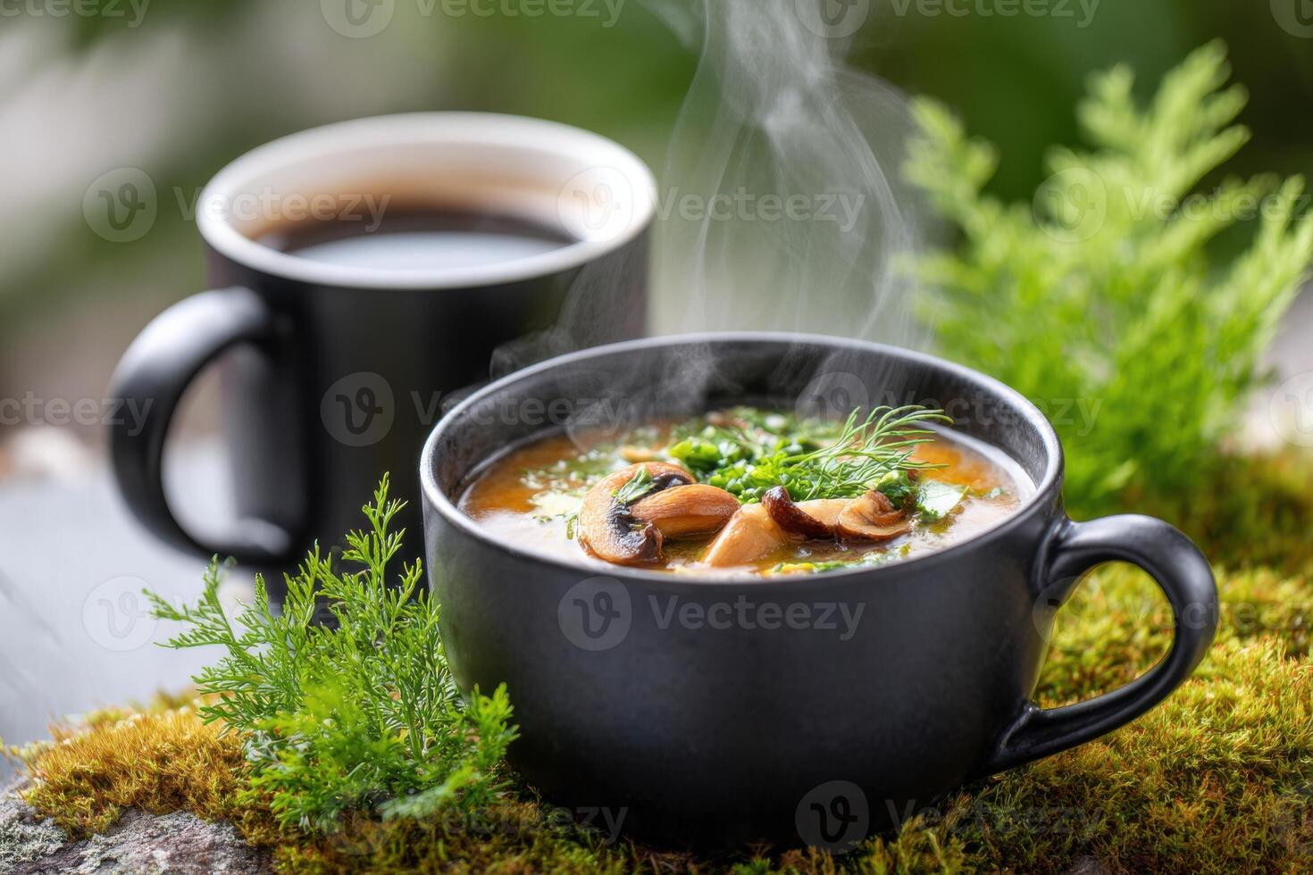 Steaming bowl of soup with herbs and mushrooms, placed on mossy surface, accompanied by a cup of coffee, creating a cozy and inviting atmosphere for culinary enjoyment photo