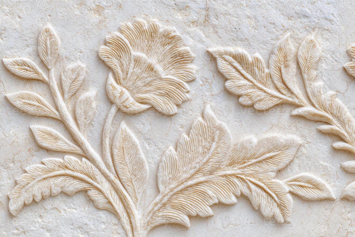 Intricate floral relief sculpture featuring detailed petals and leaves, showcasing craftsmanship and artistry in stone, perfect for decorative or architectural design inspiration photo