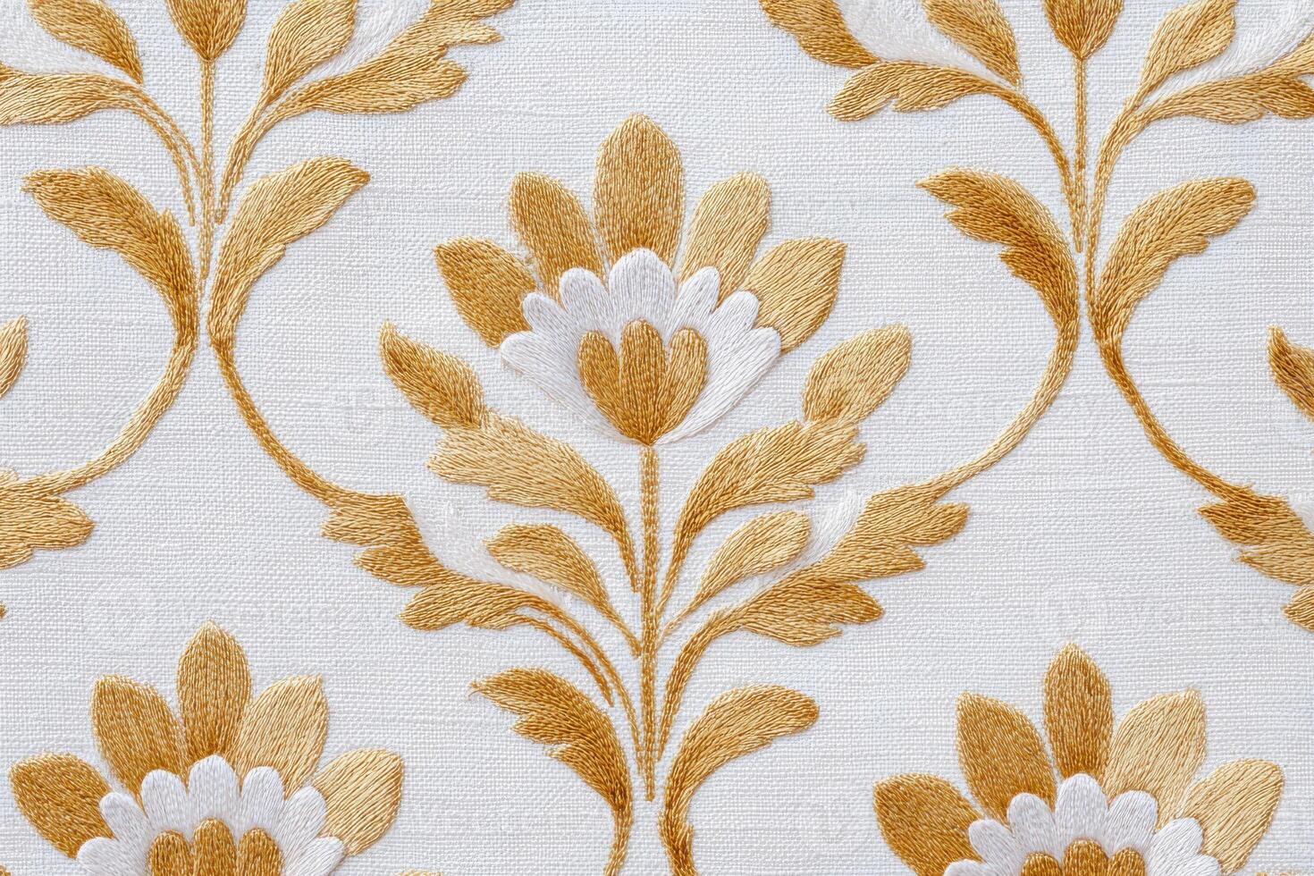 Intricate jaal pattern featuring floral motifs in golden hues on a textured white fabric, showcasing elegance and traditional craftsmanship in textile design photo