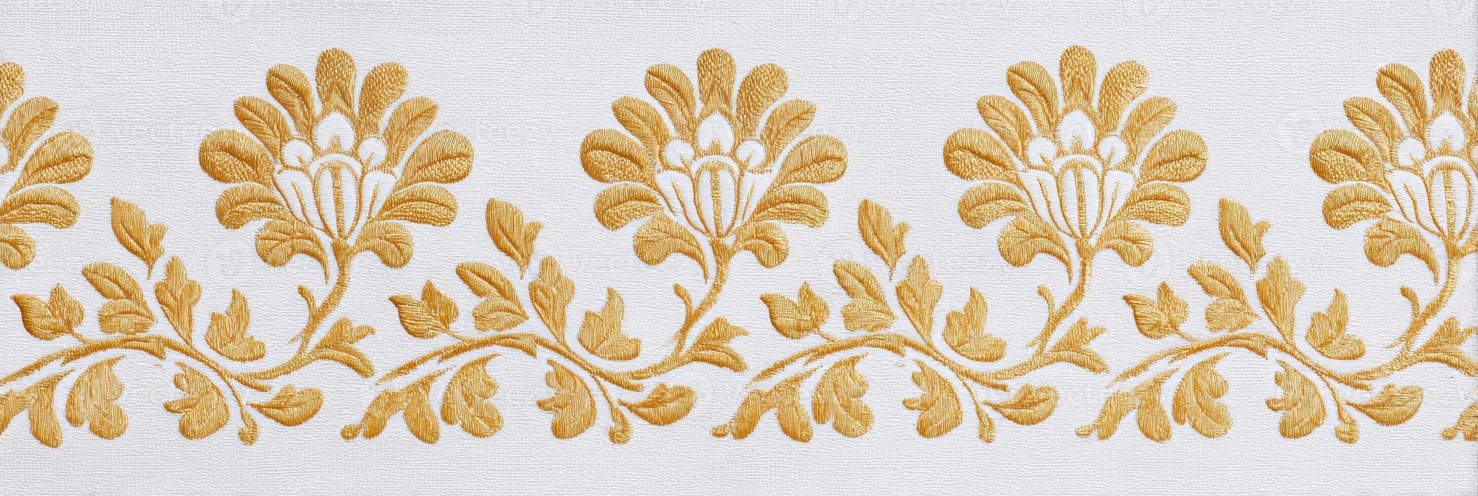 Jaal pattern featuring intricate floral designs in golden hues on a white background, showcasing elegant craftsmanship and traditional artistry in textile design photo