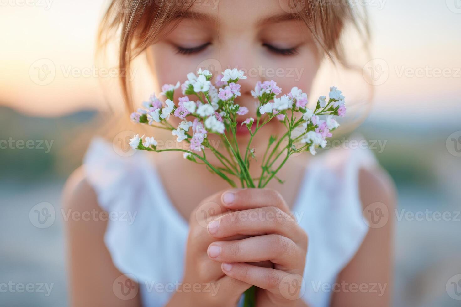 Young girl with long hair holds a bouquet of delicate flowers close to her face, enjoying the fragrance, with a soft sunset background creating a serene atmosphere photo