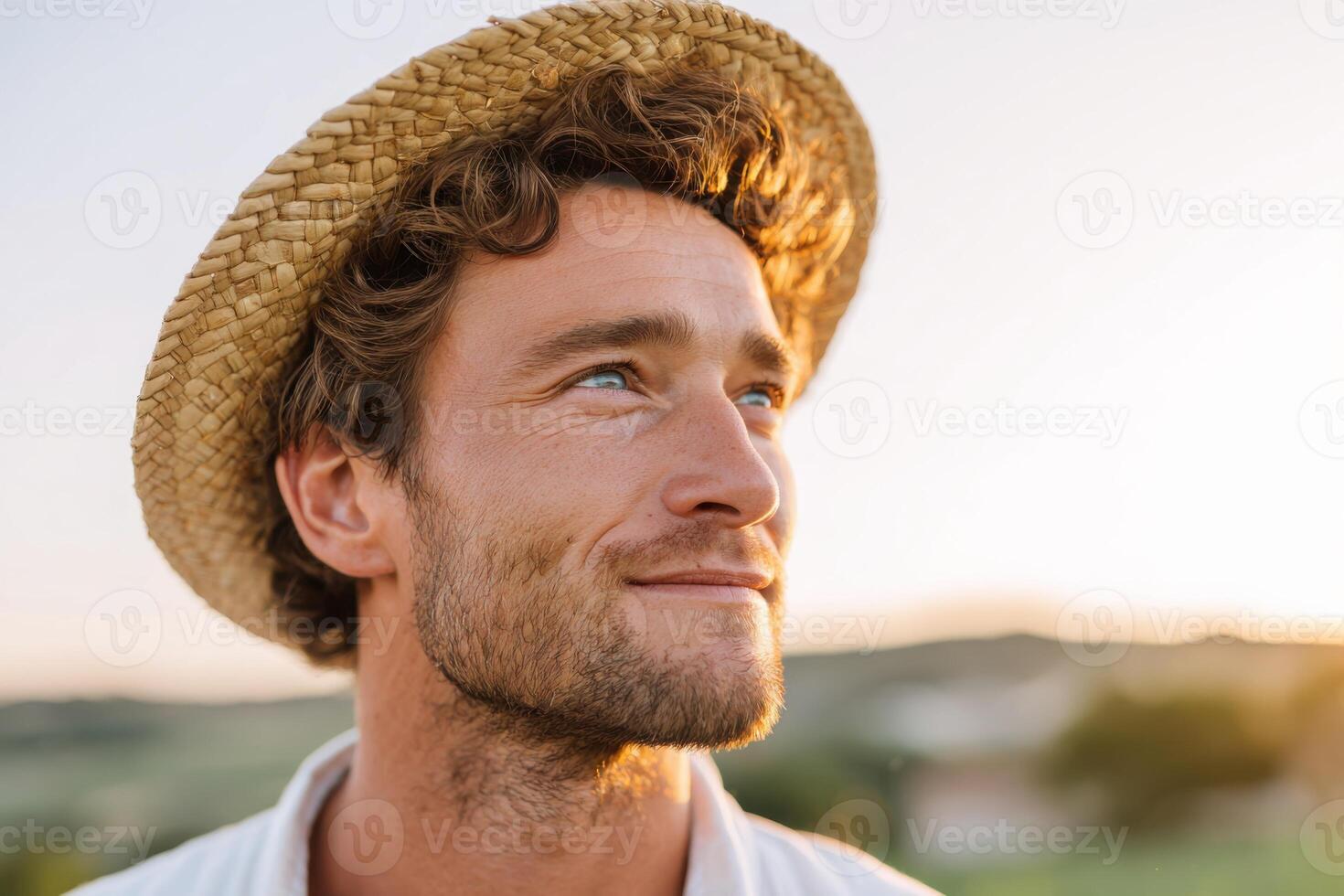Young man with curly hair wearing a straw hat is gazing thoughtfully into the distance, surrounded by a serene landscape at sunset, reflecting on life and nature's beauty photo