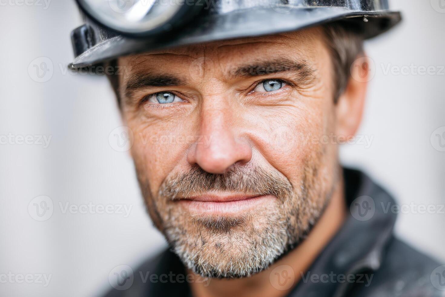 Caucasian man with blue eyes wearing a mining helmet and black work attire, poses confidently, showcasing the strength and determination of a skilled miner in an industrial environment photo