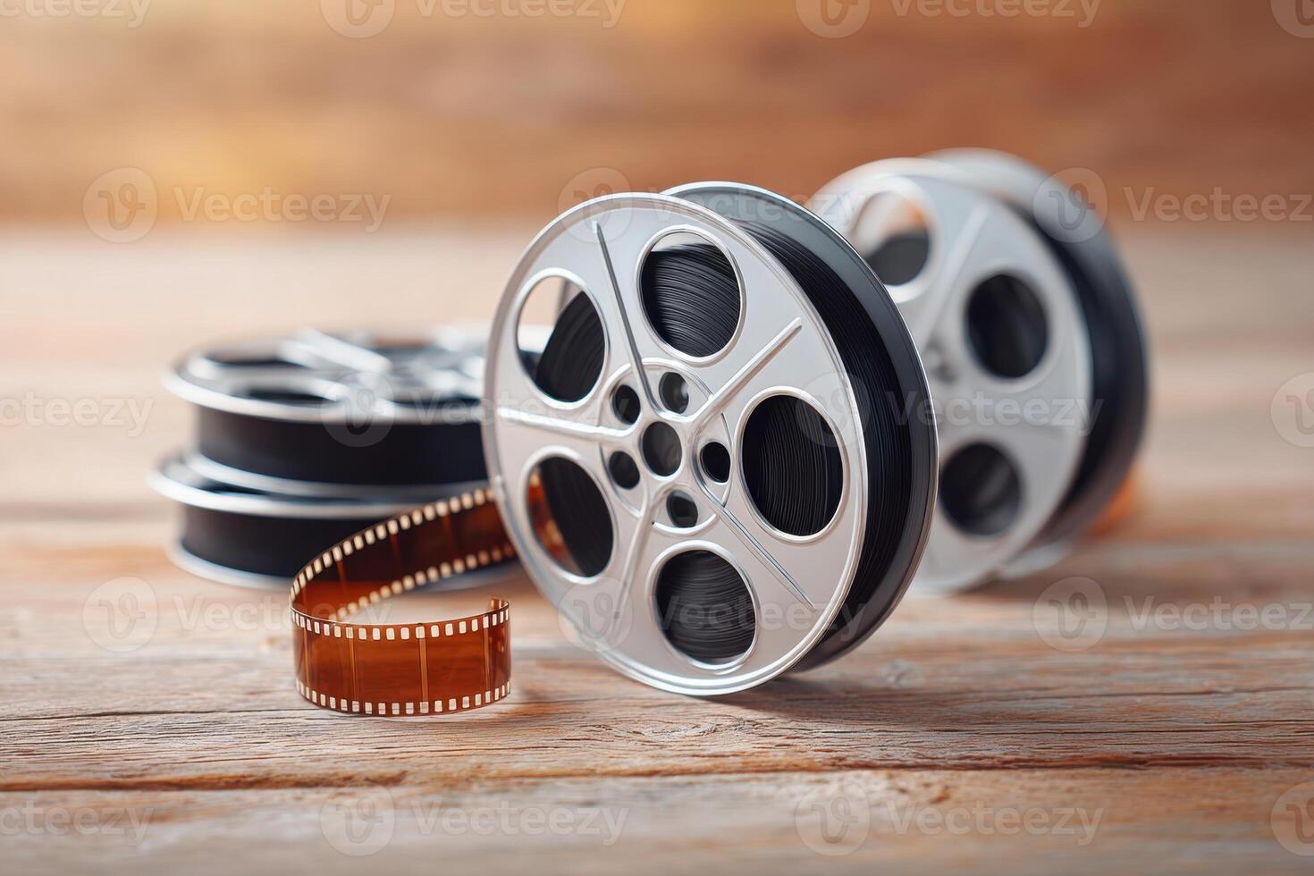Vintage film reels with black and white film strip coiled beside them, resting on a rustic wooden surface, showcasing classic cinematic elements and nostalgia photo