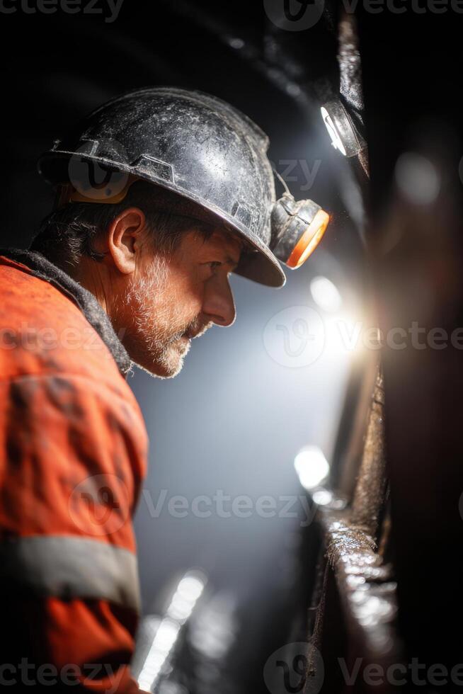 Male miner wearing a hard hat and orange work uniform, focused on his task in a dimly lit underground environment, showcasing dedication and safety in mining operations photo