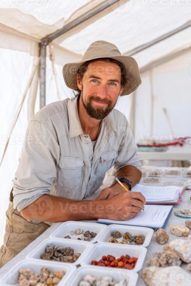 Male geologist wearing a hat is studying mineral samples on a table in a tent, with various specimens displayed, showcasing the process of geological research and analysis photo