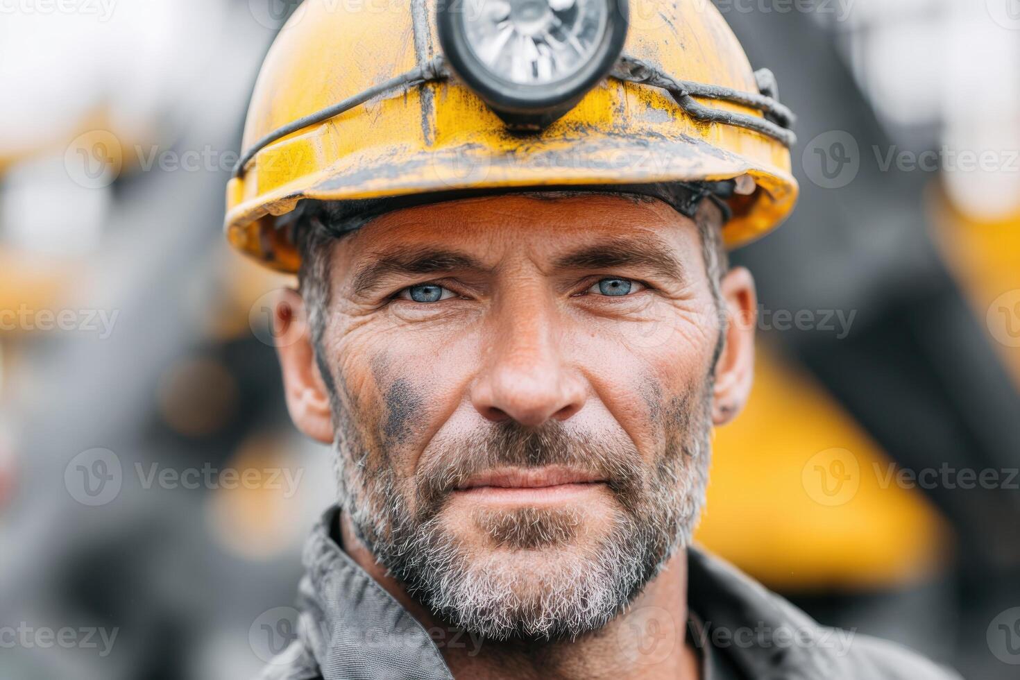 Construction worker with a hard hat and rugged attire, displaying a determined expression, surrounded by industrial machinery and construction site elements, showcasing dedication and resilience photo