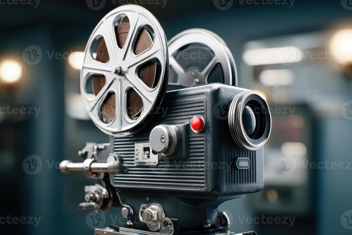 Vintage film camera with reels, showcasing intricate design and mechanical features, set in a dimly lit studio environment, capturing the essence of classic filmmaking photo