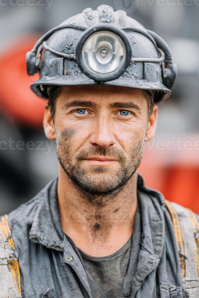 Male miner with blue eyes, wearing a hard hat and work clothes, stands confidently in a mining environment, showcasing dedication and resilience in the mining industry photo