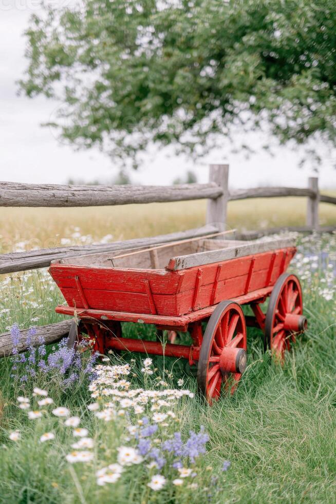 Vintage red wooden cart with large wheels rests beside a rustic wooden fence, surrounded by vibrant wildflowers and lush green grass in a serene countryside setting photo