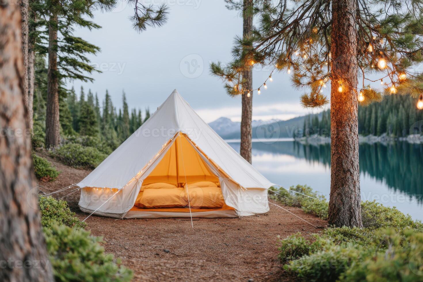 Cozy glamping tent with warm lighting set by a serene lake surrounded by tall trees and mountains, creating a peaceful outdoor retreat atmosphere for relaxation and adventure photo