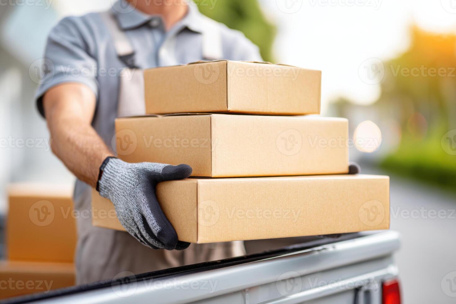 Delivery worker in gray gloves is carrying stacked cardboard boxes from a truck, showcasing the logistics and transportation process in an outdoor setting with greenery photo