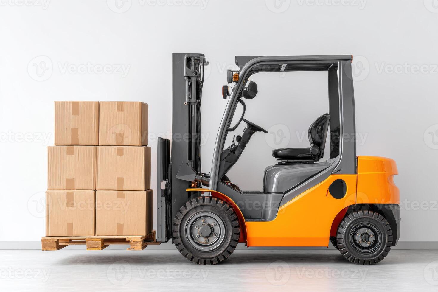 Forklift with stacked cardboard boxes on wooden pallet, positioned against a clean white wall, showcasing industrial equipment in a warehouse environment for logistics operations photo