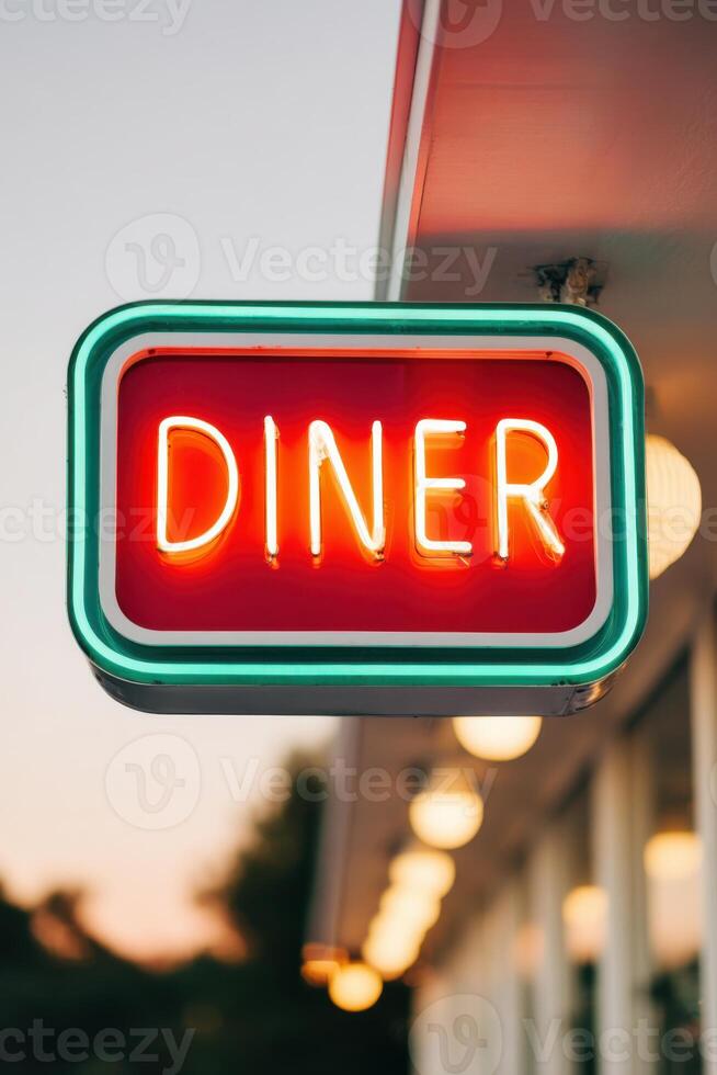 Neon diner sign glowing brightly at twilight, showcasing retro design with vibrant colors, inviting atmosphere, and nostalgic charm for diners and food lovers photo
