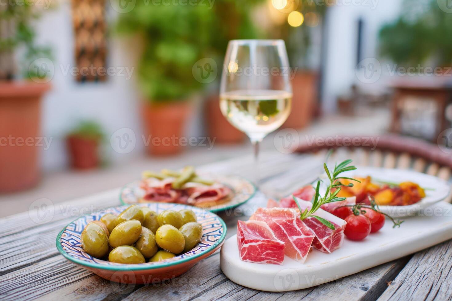 Elegant table setting featuring assorted appetizers including olives, cured meats, and fresh tomatoes, accompanied by a glass of white wine in a cozy outdoor dining atmosphere photo