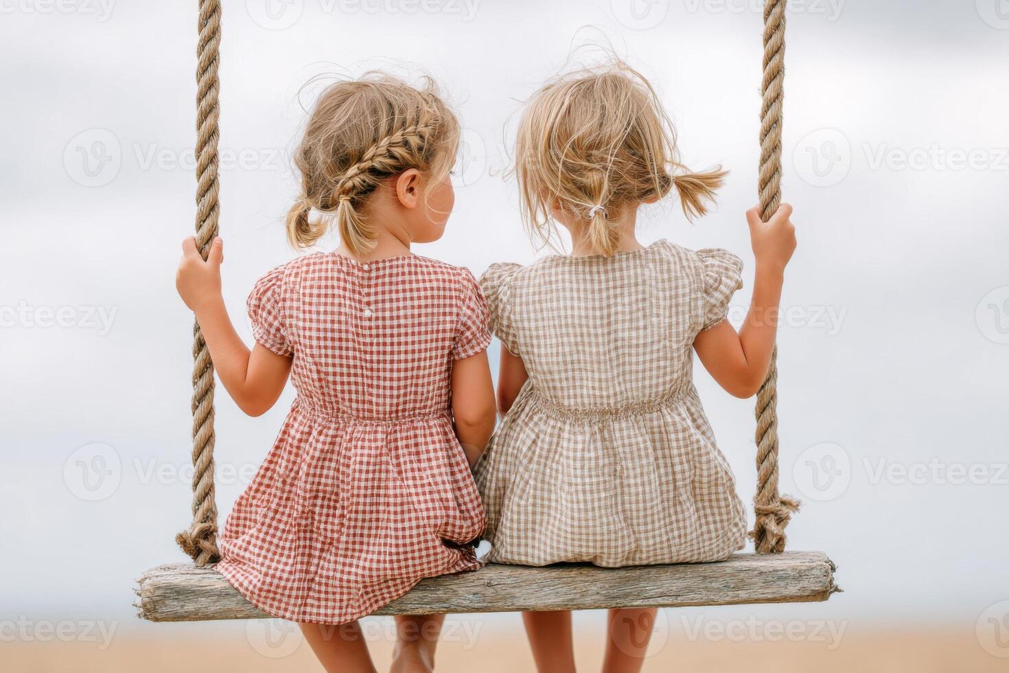 Two young girls sitting on a wooden swing, wearing matching dresses, enjoying a serene moment outdoors, with a soft cloudy sky in the background, evoking childhood innocence and joy photo