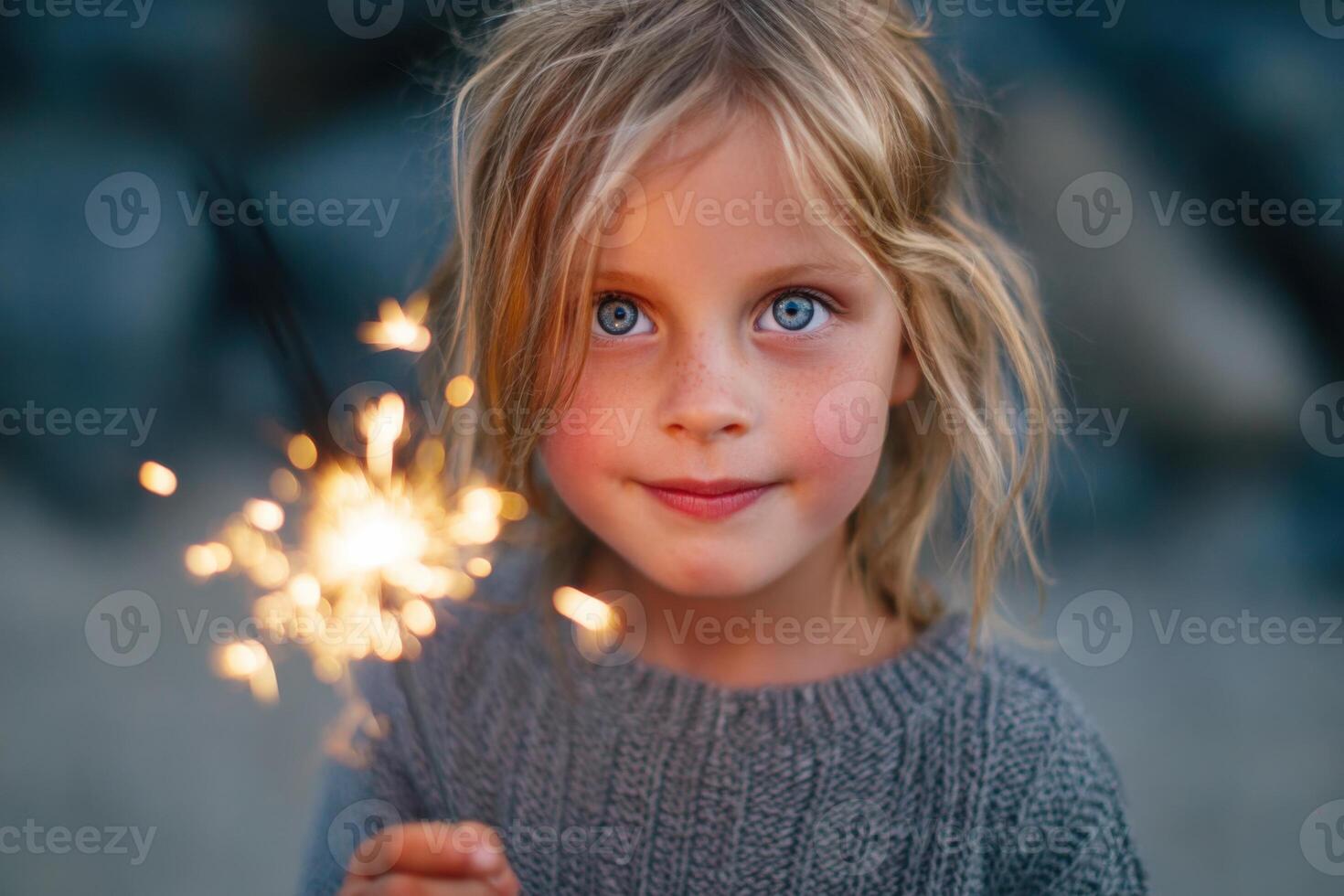 Young girl with sparkling eyes holds a sparkler, wearing a cozy gray sweater, surrounded by a soft, blurred background, capturing the joy of celebration and wonder in a festive atmosphere photo