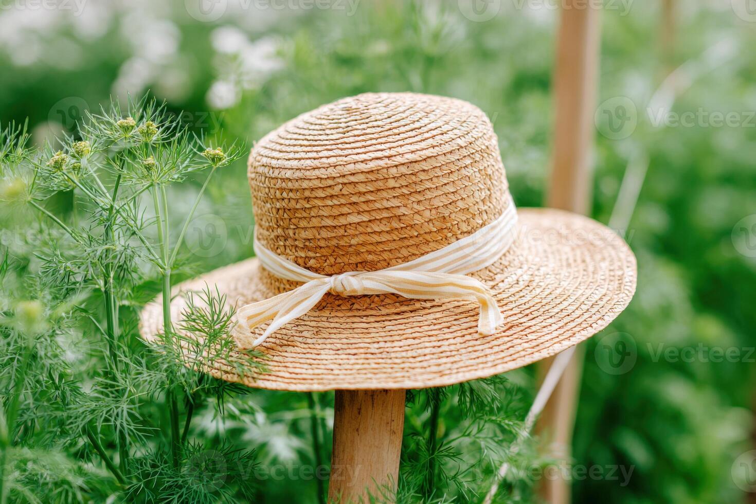Straw hat resting on wooden post surrounded by lush green plants, showcasing a serene outdoor garden setting with natural textures and vibrant colors photo