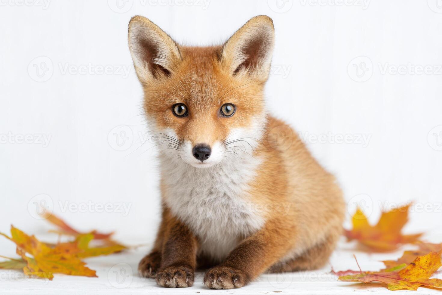 Young red fox with bright eyes, sitting on a soft surface surrounded by colorful autumn leaves, showcasing its playful and curious nature in a serene environment photo