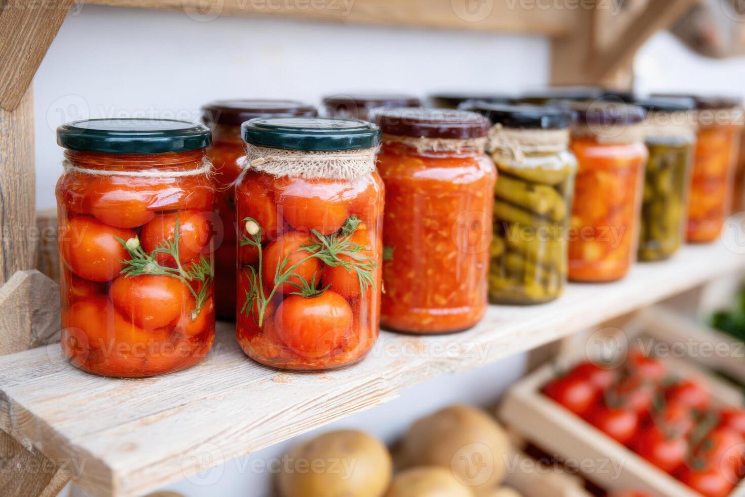 Jars of homemade preserved tomatoes and vegetables arranged on wooden shelves, showcasing vibrant colors and textures, emphasizing the art of food preservation and culinary creativity photo