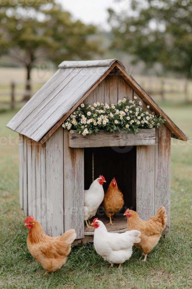 Chickens gathered around a rustic wooden coop adorned with flowers, showcasing a serene farmyard scene with greenery and a peaceful atmosphere, highlighting rural life and animal care photo
