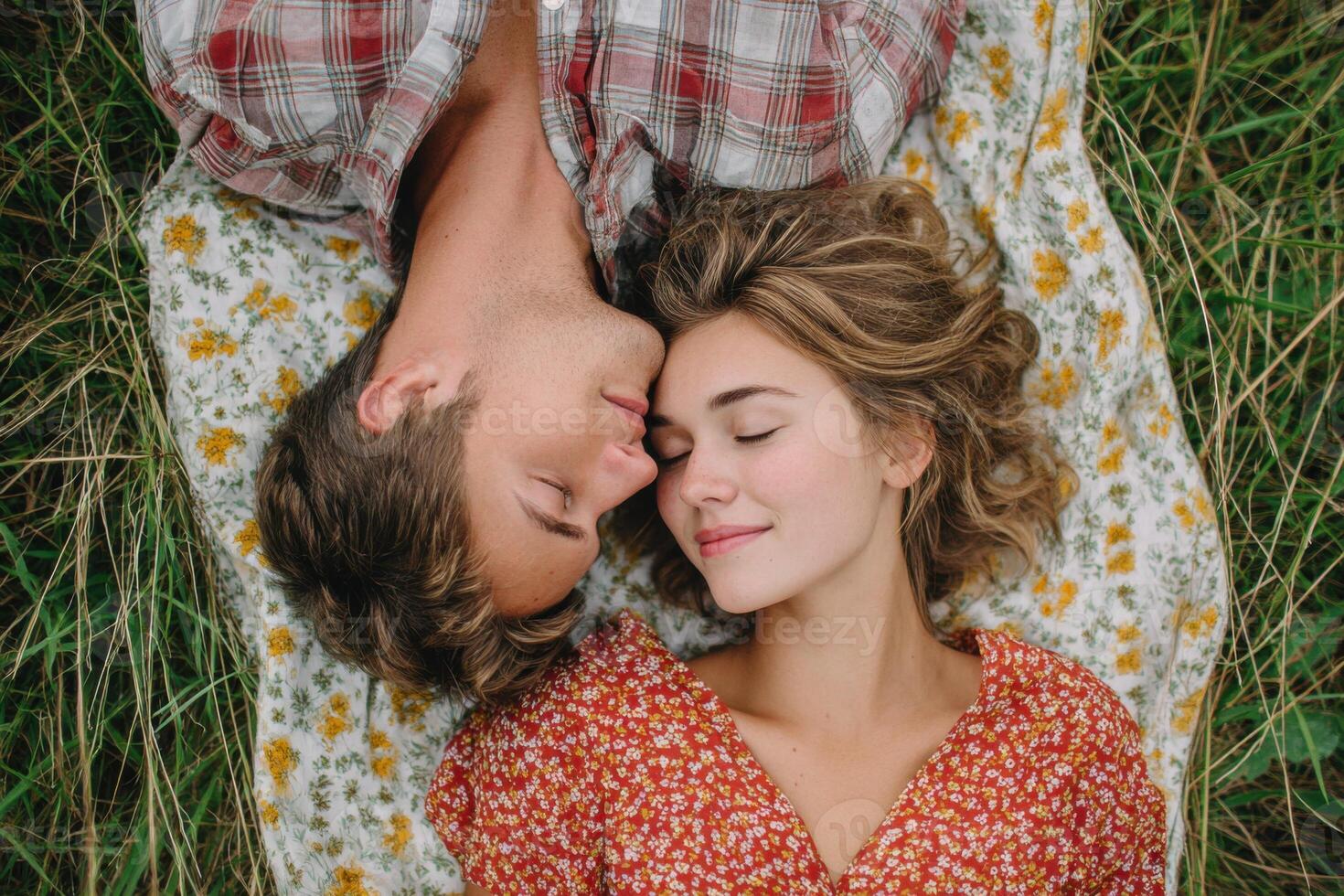 Young couple lying on a floral blanket in a grassy field, sharing a tender moment with their foreheads touching, embodying love and connection in a serene outdoor setting photo