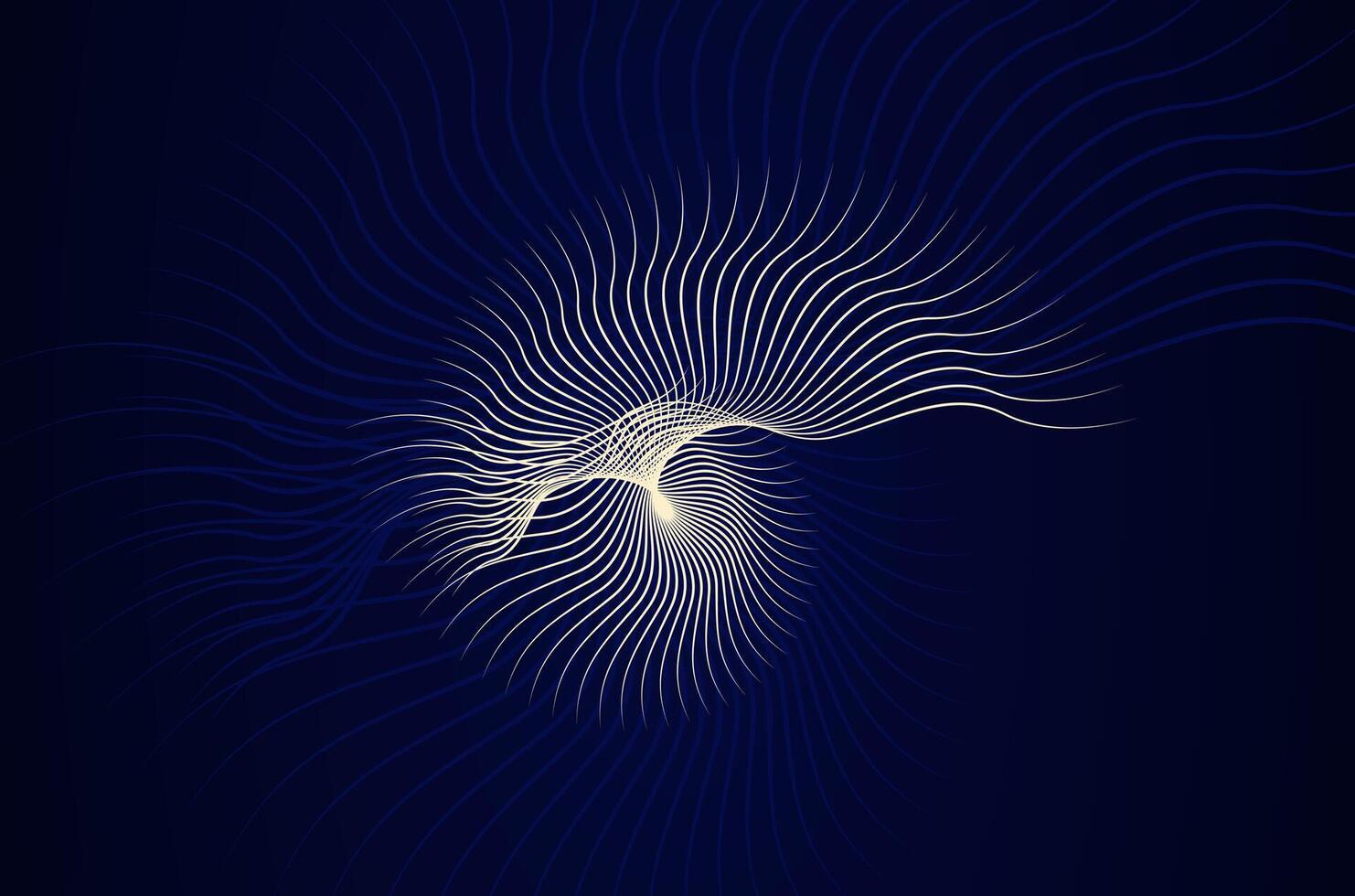 Abstract Line spiral in sea shell shape. Linear abstract artwork in gold and dark blue background. vector