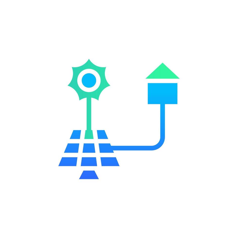 Icon Flat Gradient house powered by solar sun energy. Free energy, ecology, renewable, green energy and solar power plant concept. Gradient blue and Flat icon. vector