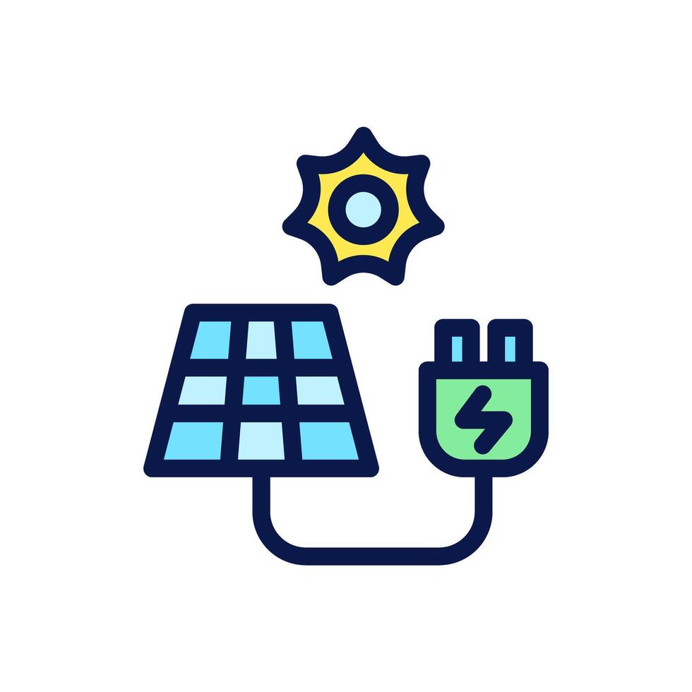 Icon Flat Outline electric charging with solar panel. Free energy, ecology, renewable, green energy and solar power plant concept. Colourful and Line color icon. vector