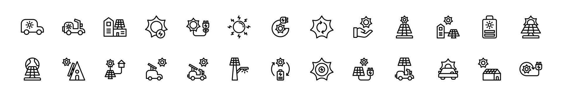 Icon set solar energy, energy powered by nature. Include electric vehicle, solar panel, solar generator, greenhouse and rechargeable device. Outline and Line icon set. vector