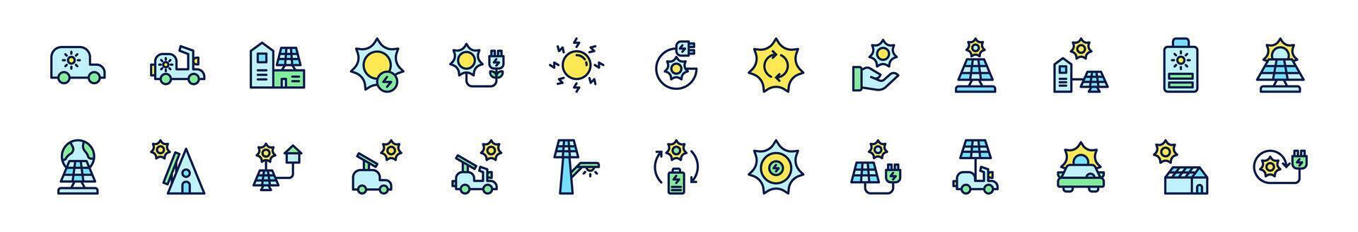 Icon set solar energy, energy powered by nature. Include electric vehicle, solar panel, solar generator, greenhouse and rechargeable device. Colourful and Line color icon set. vector