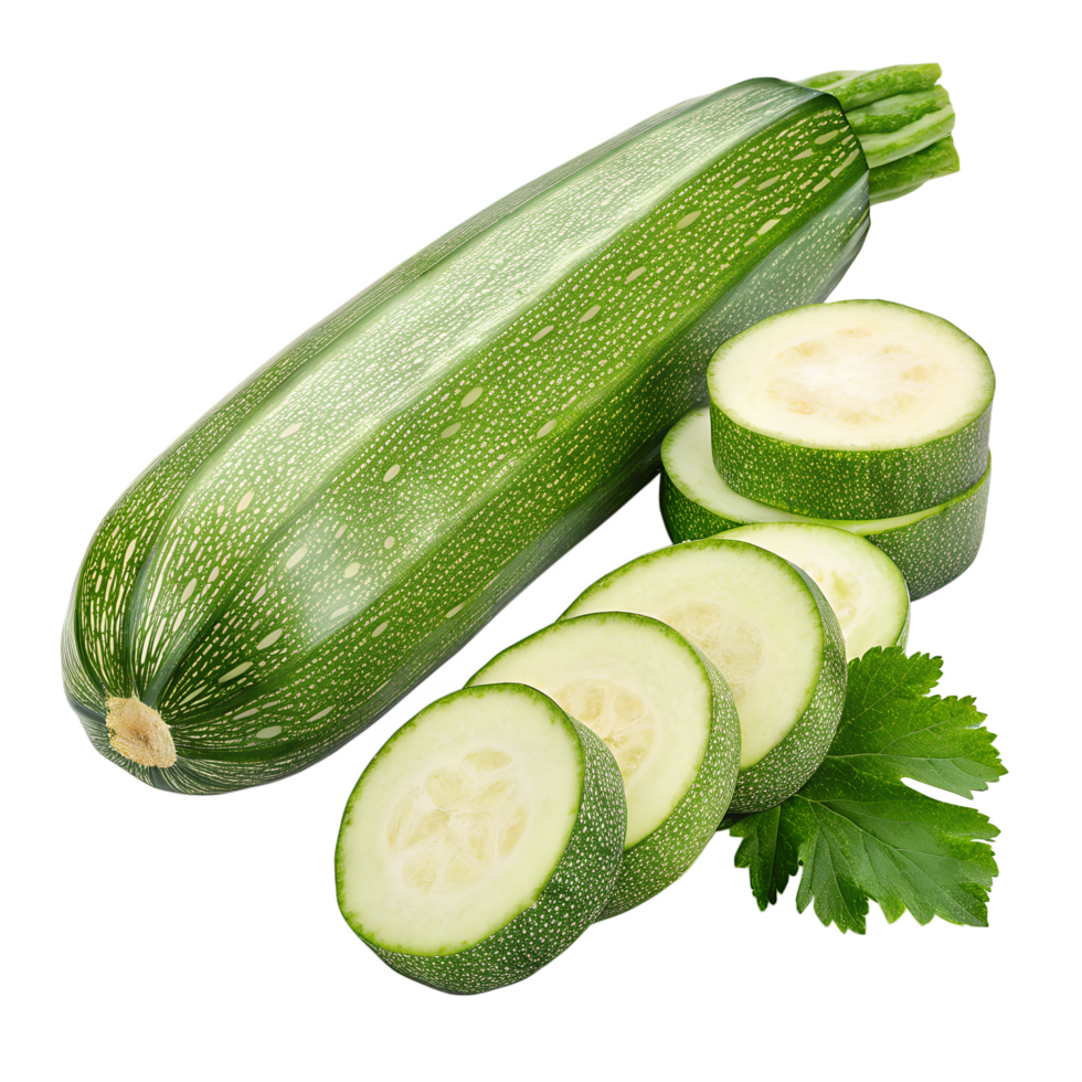Fresh zucchini, sliced and whole, is presented against a sleek transparent background, showcasing its vibrant green color and natural texture. png