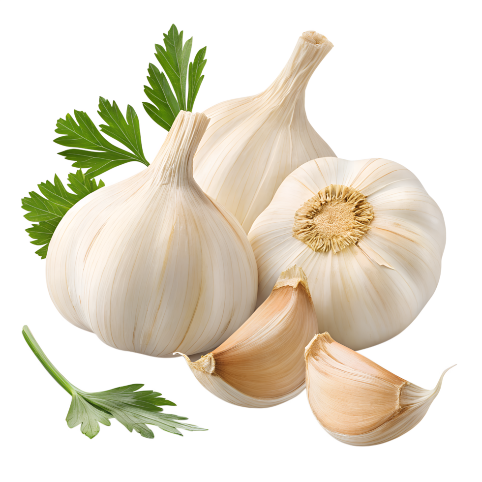 Fresh garlic bulbs with vibrant green parsley present a culinary ingredient on a transparent background. png