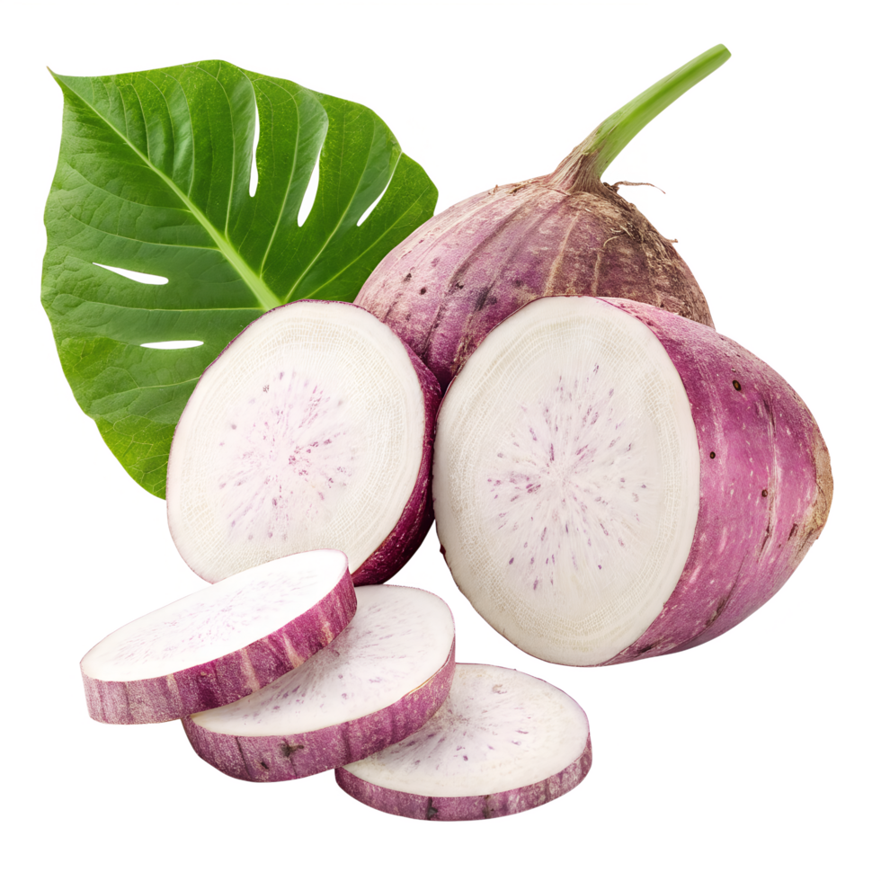 Fresh taro root vegetable, cut into slices, beside a vibrant green monstera leaf on a transparent background, perfect for cooking concepts. png