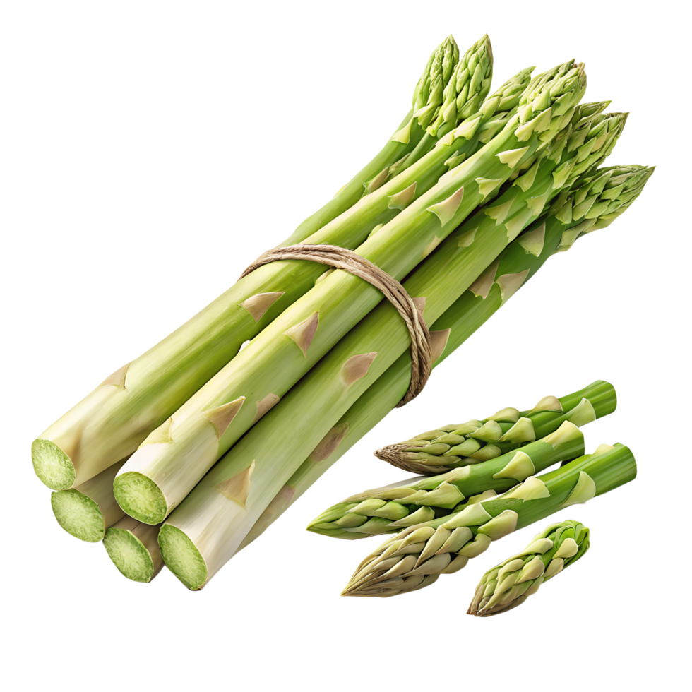Fresh green asparagus spears are bundled together, displayed against a transparent background and perfect for healthy recipes. png