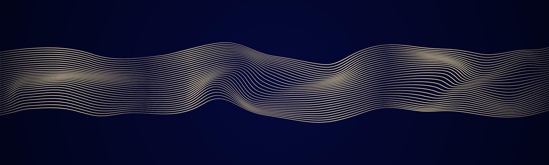 Horizontal abstract line stripe wave, mesh and texture in gold color with dark blue background. Elegrant and luxury decorative design. vector