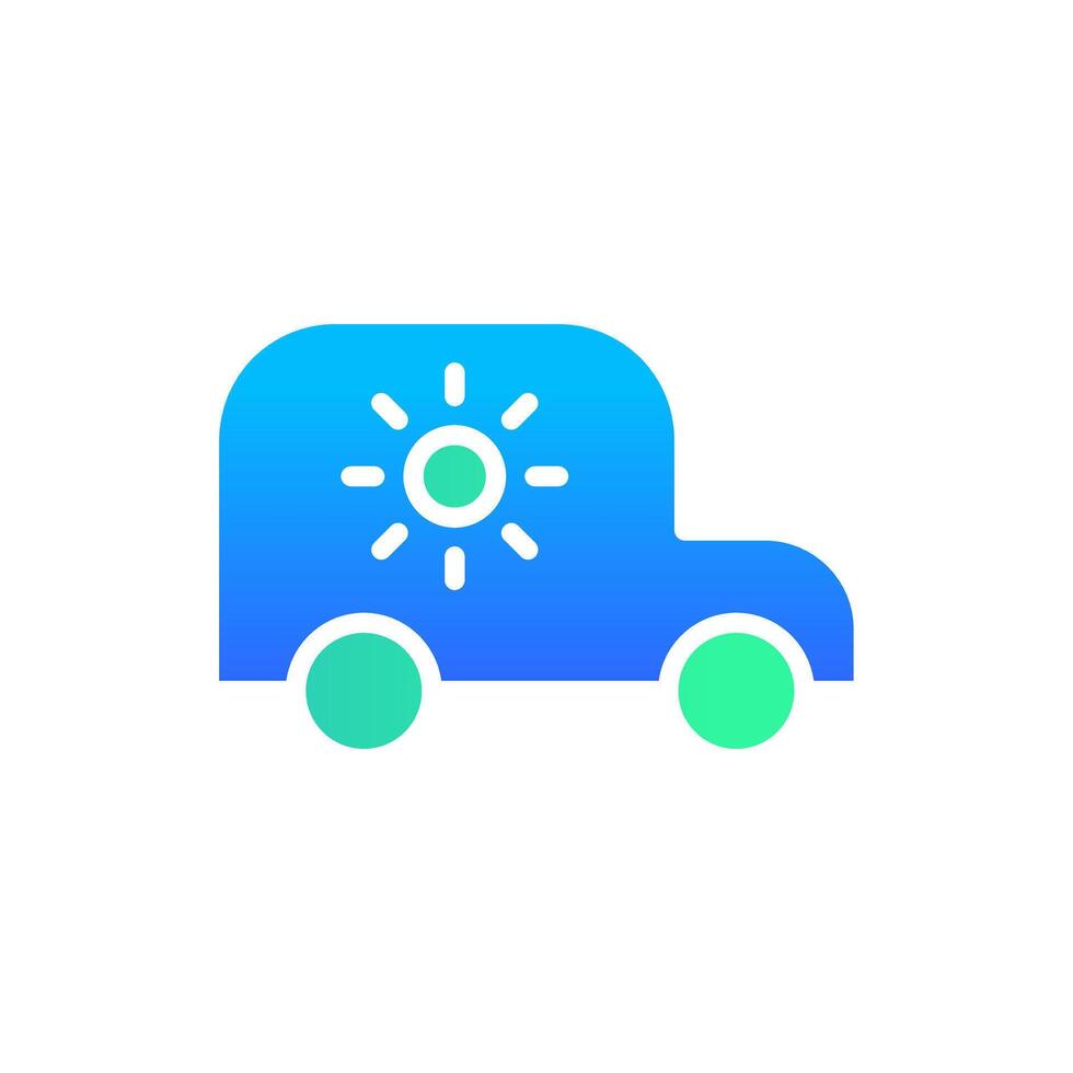 Icon Flat Gradient solar powered electric car with sun symbol. Free energy, ecology, renewable, green energy and solar power plant concept. Gradient blue and Flat icon. vector