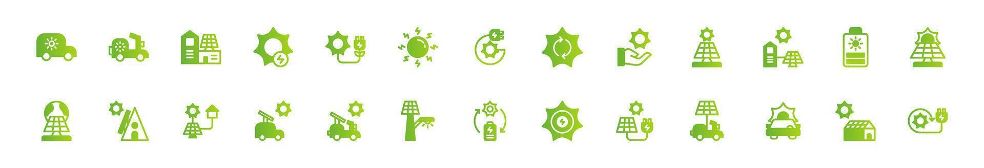 Icon set solar energy, energy powered by nature. Include electric vehicle, solar panel, solar generator, greenhouse and rechargeable device. Green gradient and colourful icon set. vector