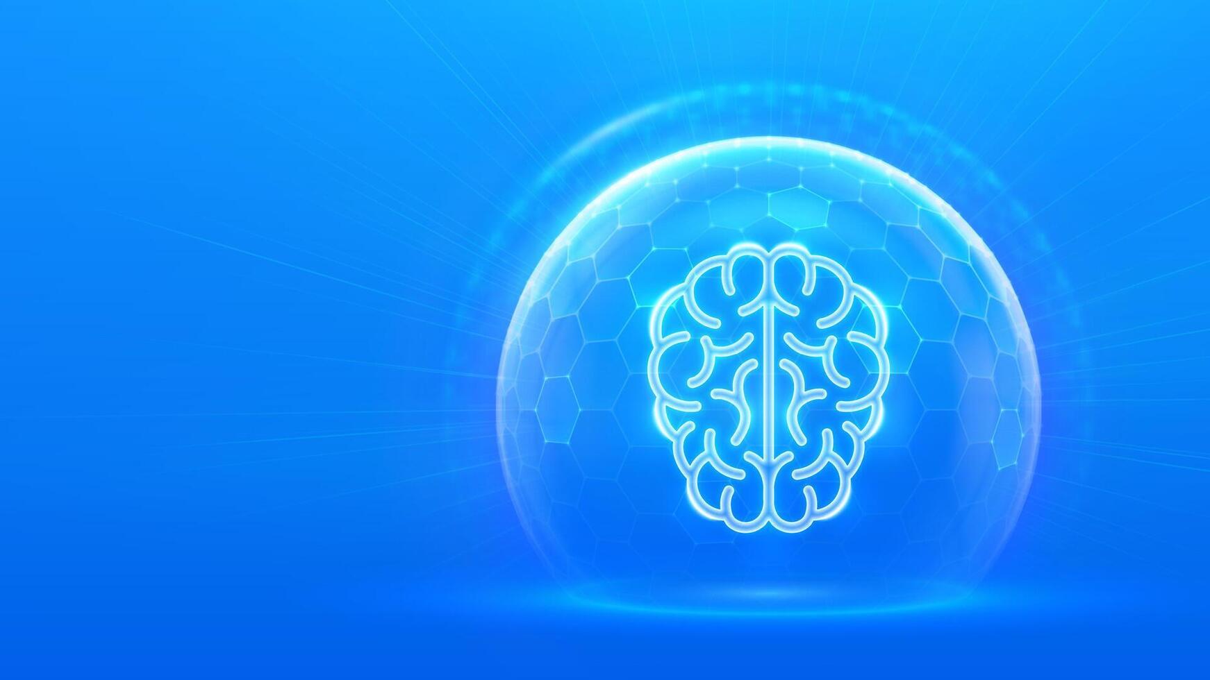 Glowing brain icon on blue background vector