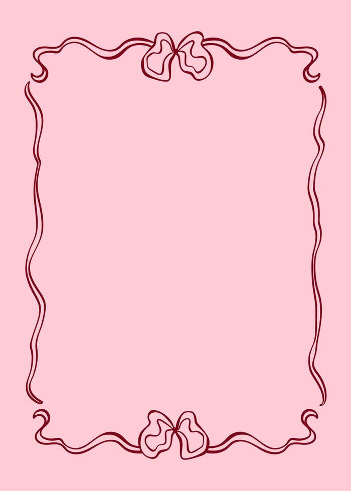 Soft pink background with elegant ribbon and bow forming frame. Ideal for card, packaging, girly themes. Doodle illustration in decorative Coquette Aesthetic style. vector