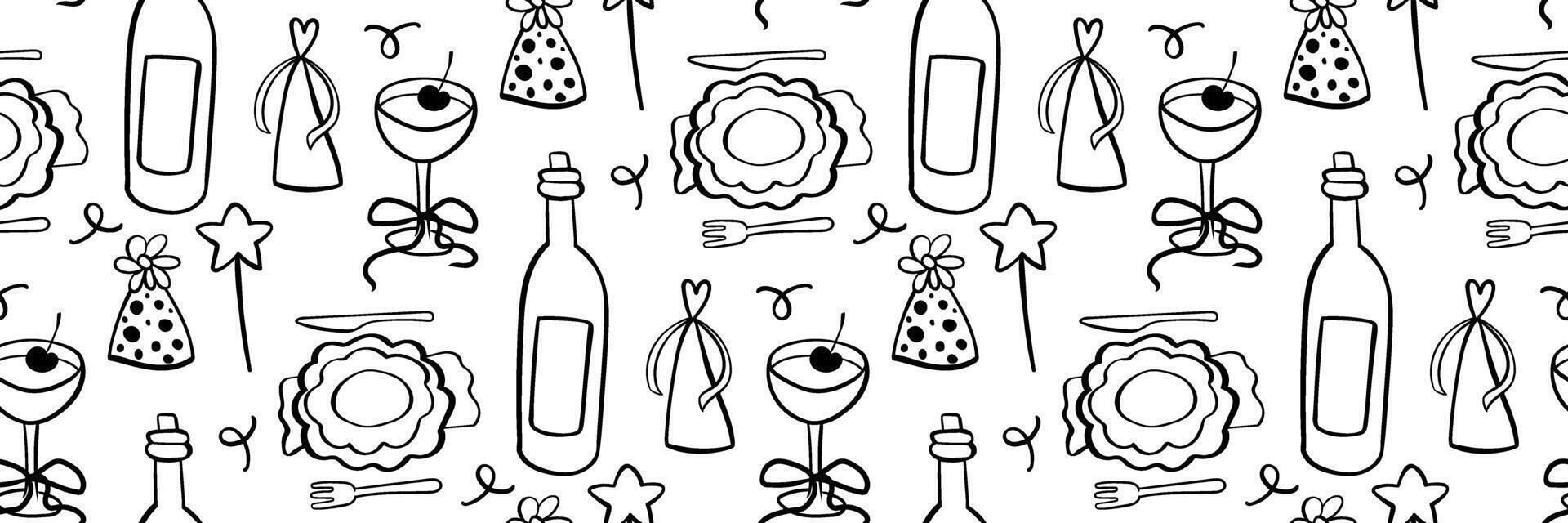 Seamless pattern with cozy dinner table decor. Candles, fruit, wine, plates icon. Great for wrapping paper, textiles, kitchenware. doodle illustration, perfect for celebration design. vector