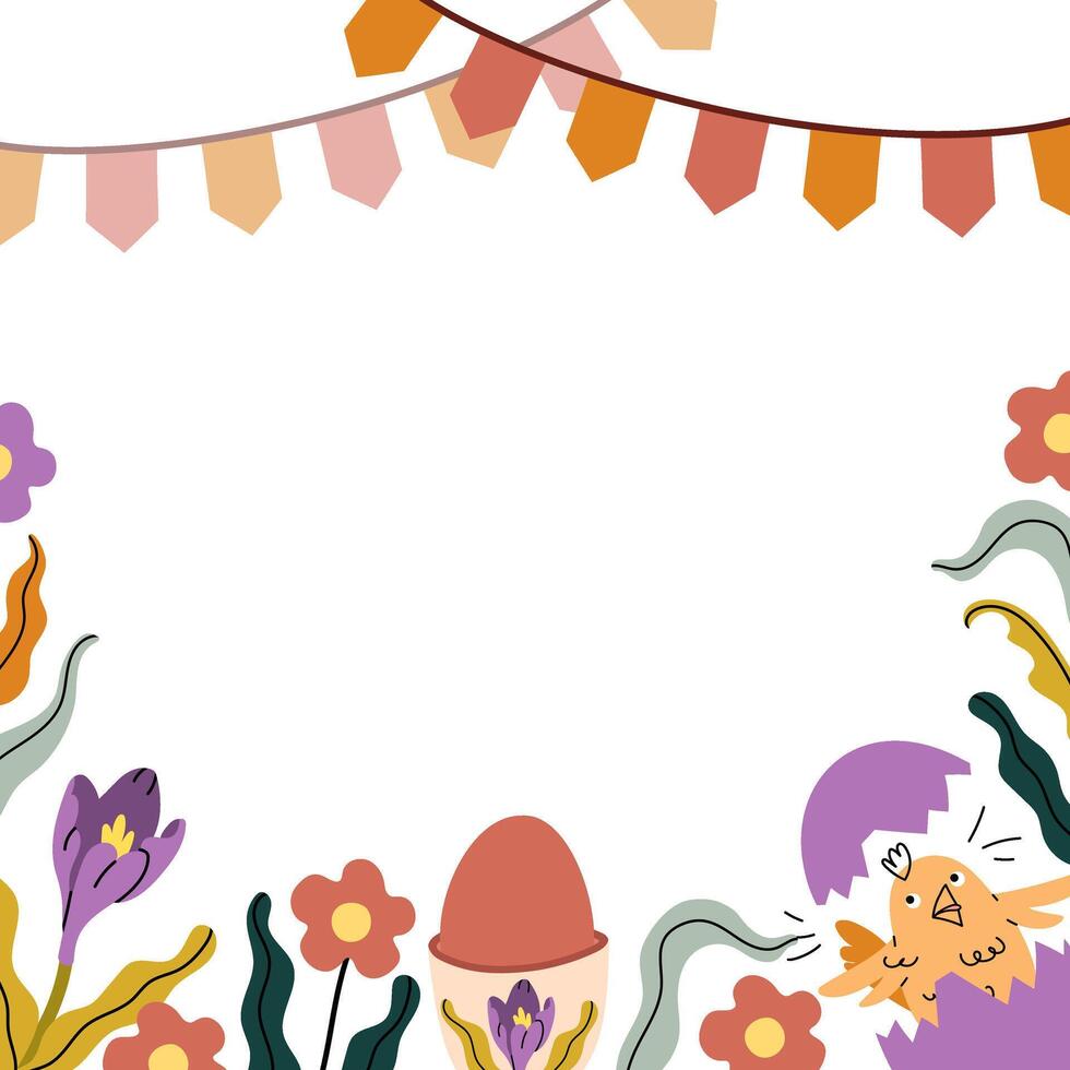 Easter frame with hatched chicken, egg and festive element. Square background for social media card, banner, invitation, seasonal print. Hand-drawn flat illustration. vector