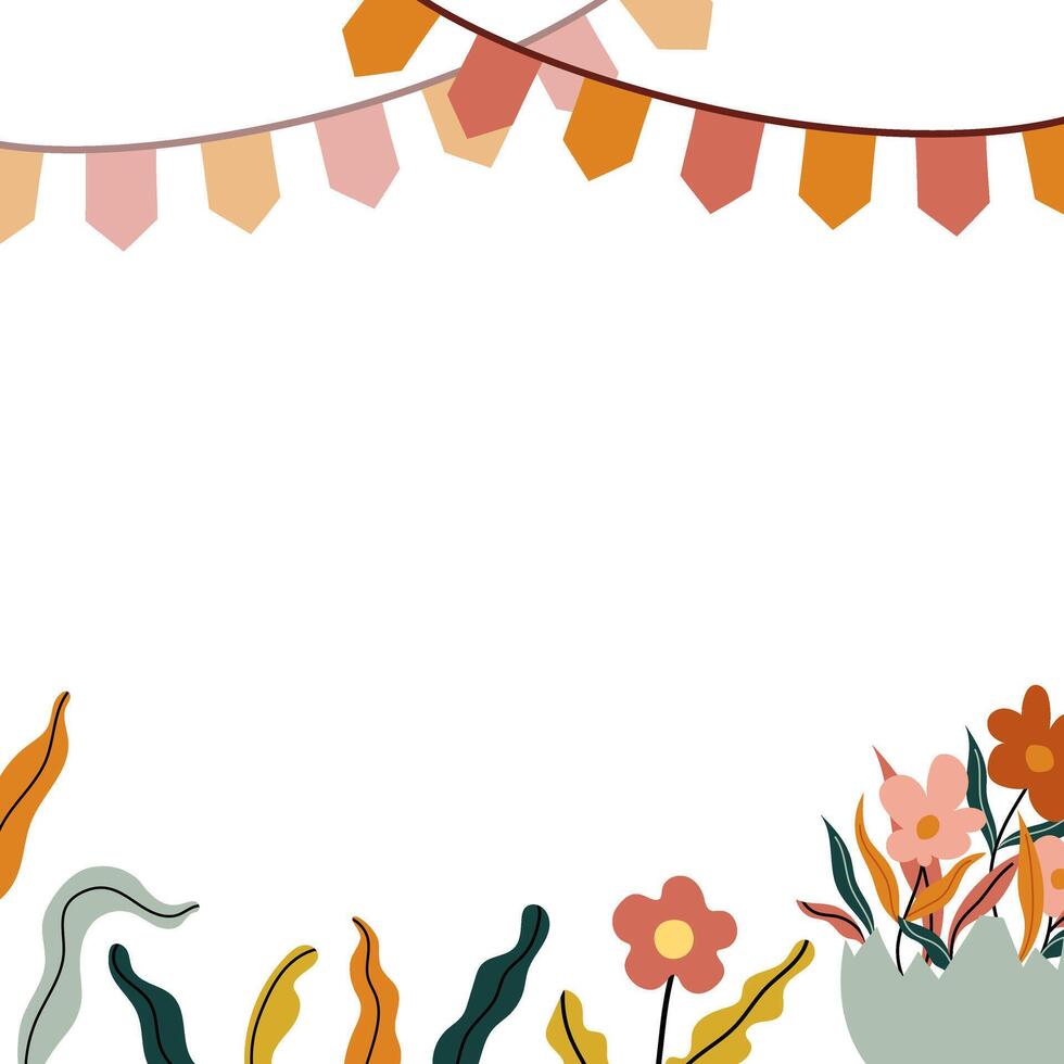Easter frame with egg, flowers, garland and festive element. Square background for social media card, banner, invitation, seasonal print. Hand-drawn flat illustration. vector
