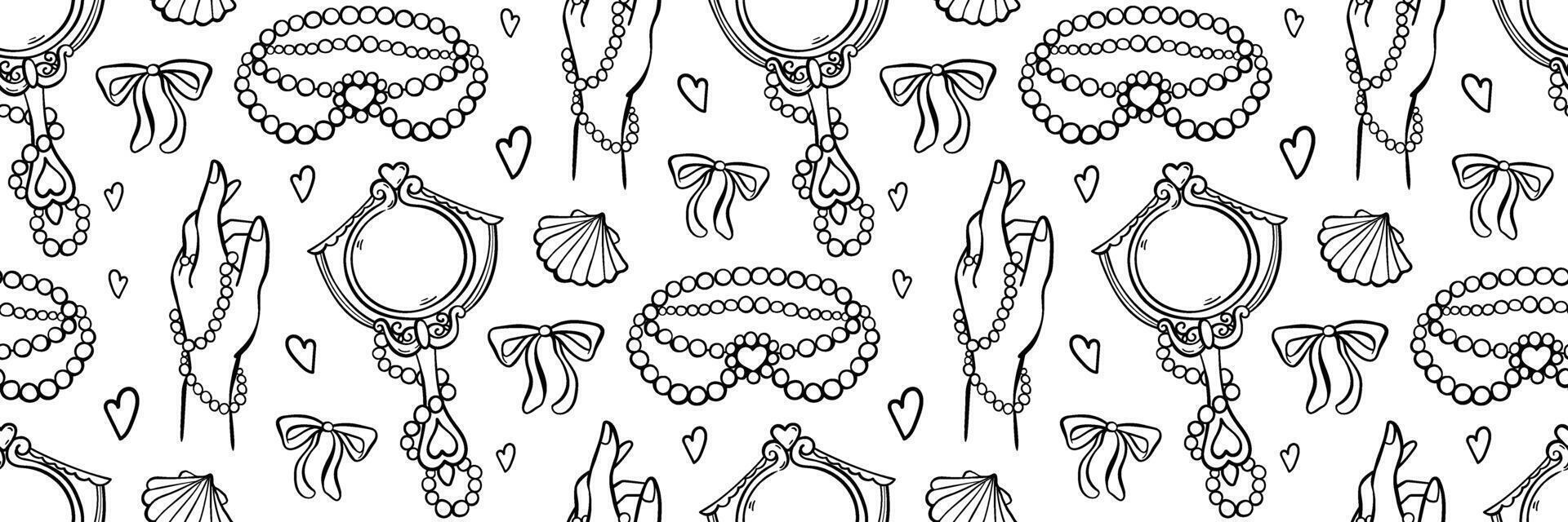 Stylish pattern with vintage accessories. Pearls, necklace, bow and vintage mirror. For luxury packaging, wallpaper, branding. Hand-drawn doodle style. Retro and chic visual identity background vector